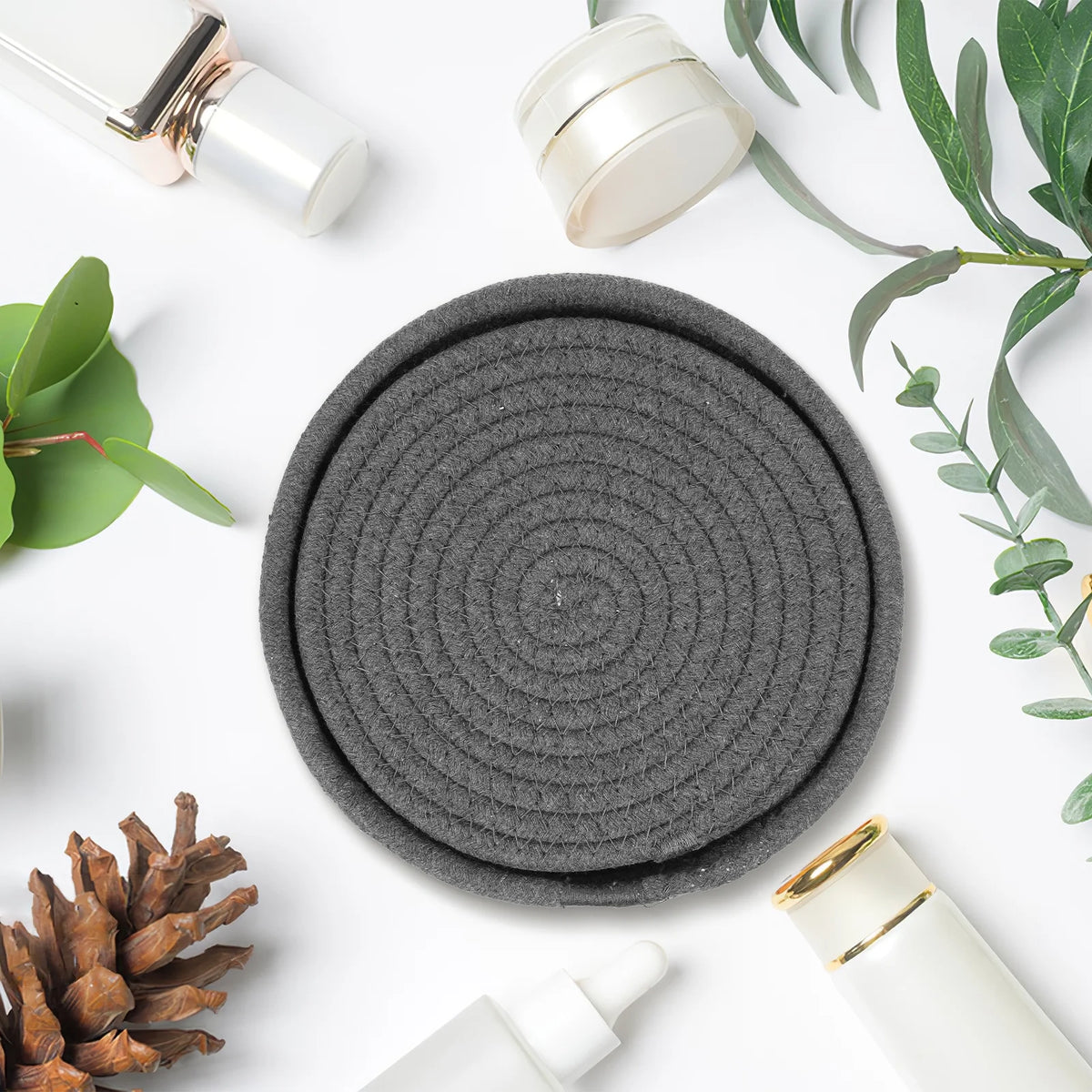 Dark Grey Cotton Rope Placemat Set Round Woven Coasters K657