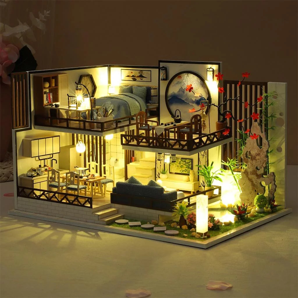 Miniature Wood Dollhouse with Furniture and Dustproof Cover O6599