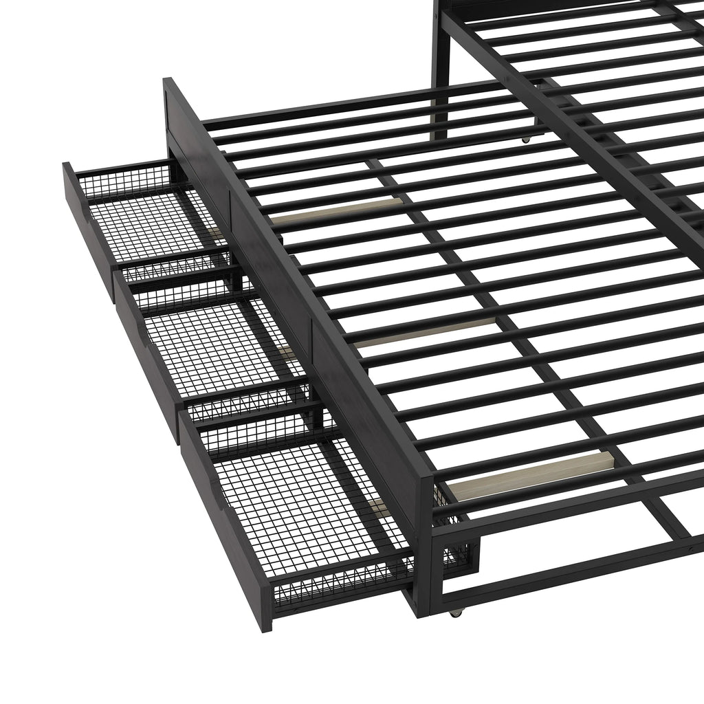 Queen Size Black Metal Canopy Platform Bed with Trundle and 3 Storage Drawers B165