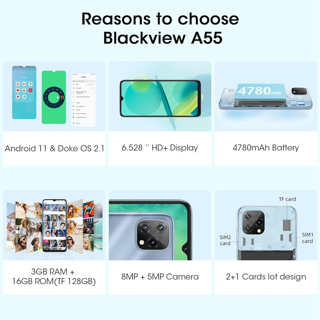Blackview A55 Smartphone with 6.5" HD+ Display, 4780mAh Battery, 8MP Camera G8512