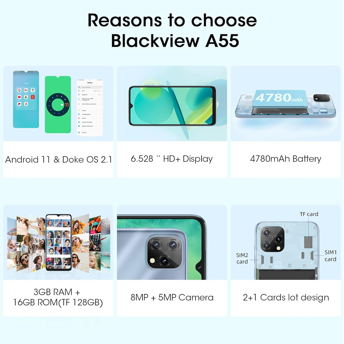 Blackview A55 Smartphone with 6.5" HD+ Display, 4780mAh Battery, 8MP Camera G8512