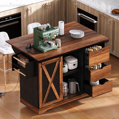 55.5" Black Mobile Kitchen Island with Drop Leaf J83225