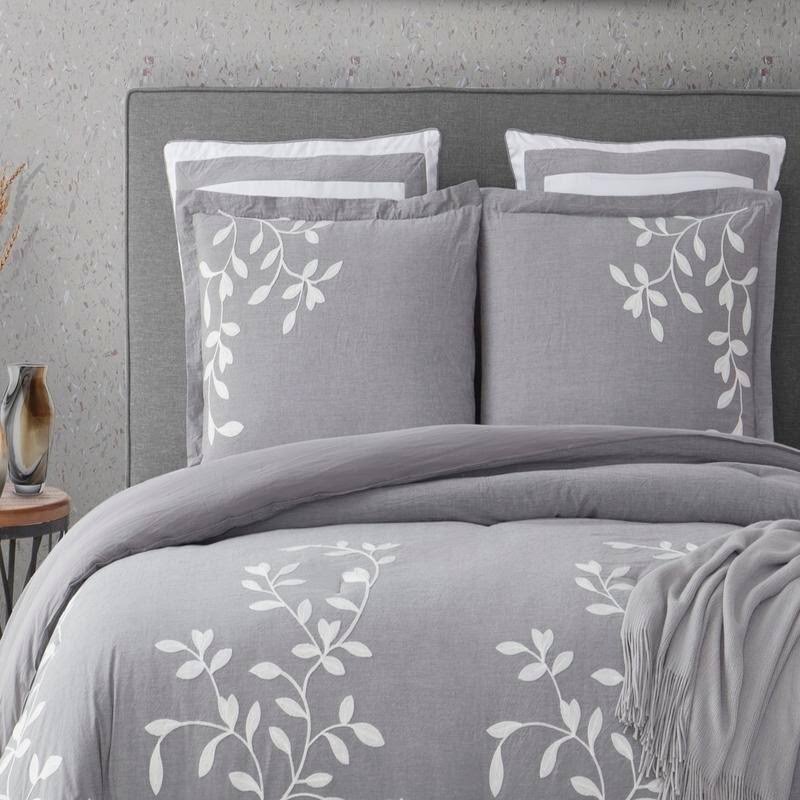 Queen Grey Chambray Cotton Comforter Set W98777