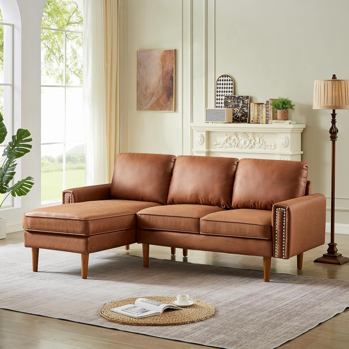 Brown L-Shape Sofa Couch with Suede Fabric U19157