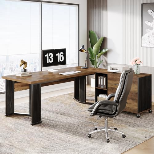 Brown and Black L Shaped Executive Desk with Mobile File Cabinet and 2 Drawers N223
