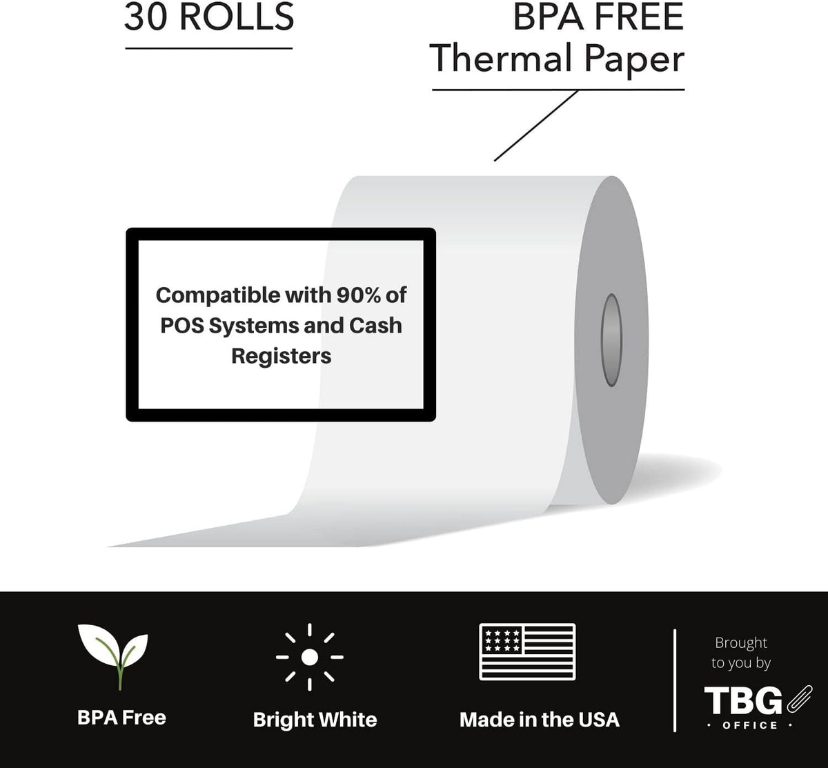 BPA Free Thermal Paper Rolls for POS Systems (1 Case - 30 Rolls) N3342