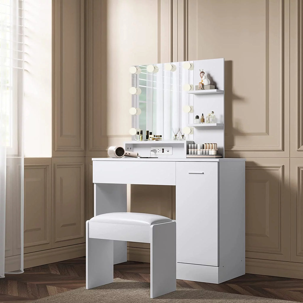 White Vanity Desk with Charging Station and Drawer C3241