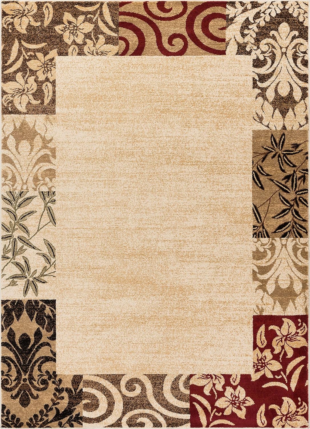 Beige Damask Border Rug 7x10 (6'7 x 9'6) S524018