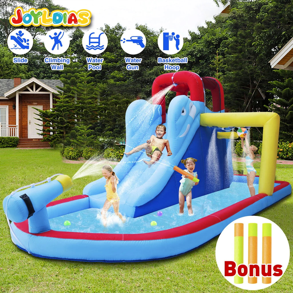 Kids Inflatable Water Slide Bouncer Playhouse Castle with Splash Pool, Climbing Wall, Basketball Hoop, Bag, Air Blower N915104