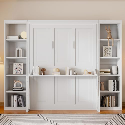 White Queen Size Murphy Wall Bed with Desk & Bookcase X2885