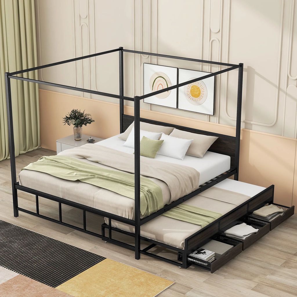 Queen Size Black Metal Canopy Platform Bed with Trundle and 3 Storage Drawers B165