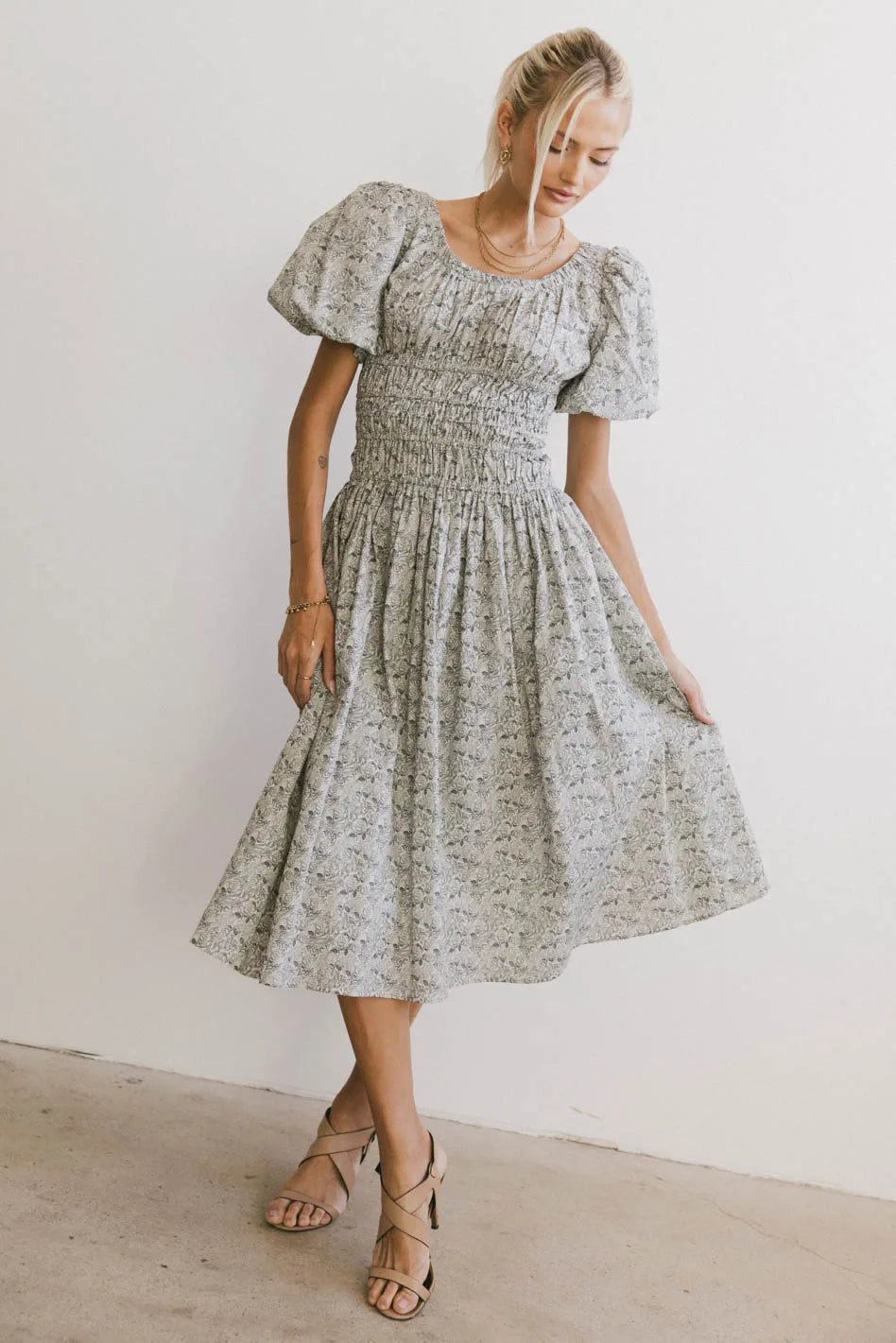 Smocked Floral Dress in Navy Y786
