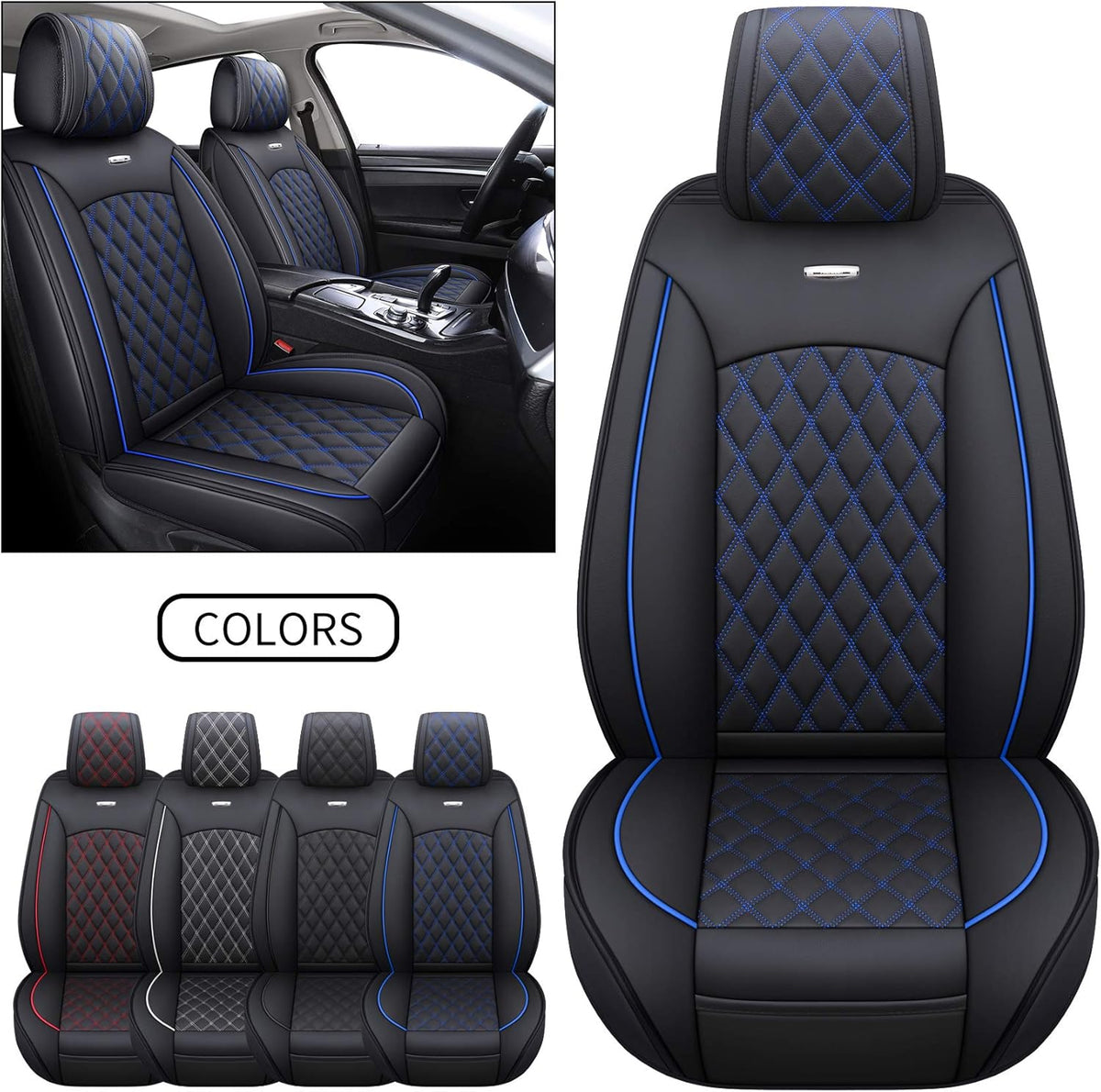 Waterproof Leather Car Seat Covers Full Set Black-Blue W48871