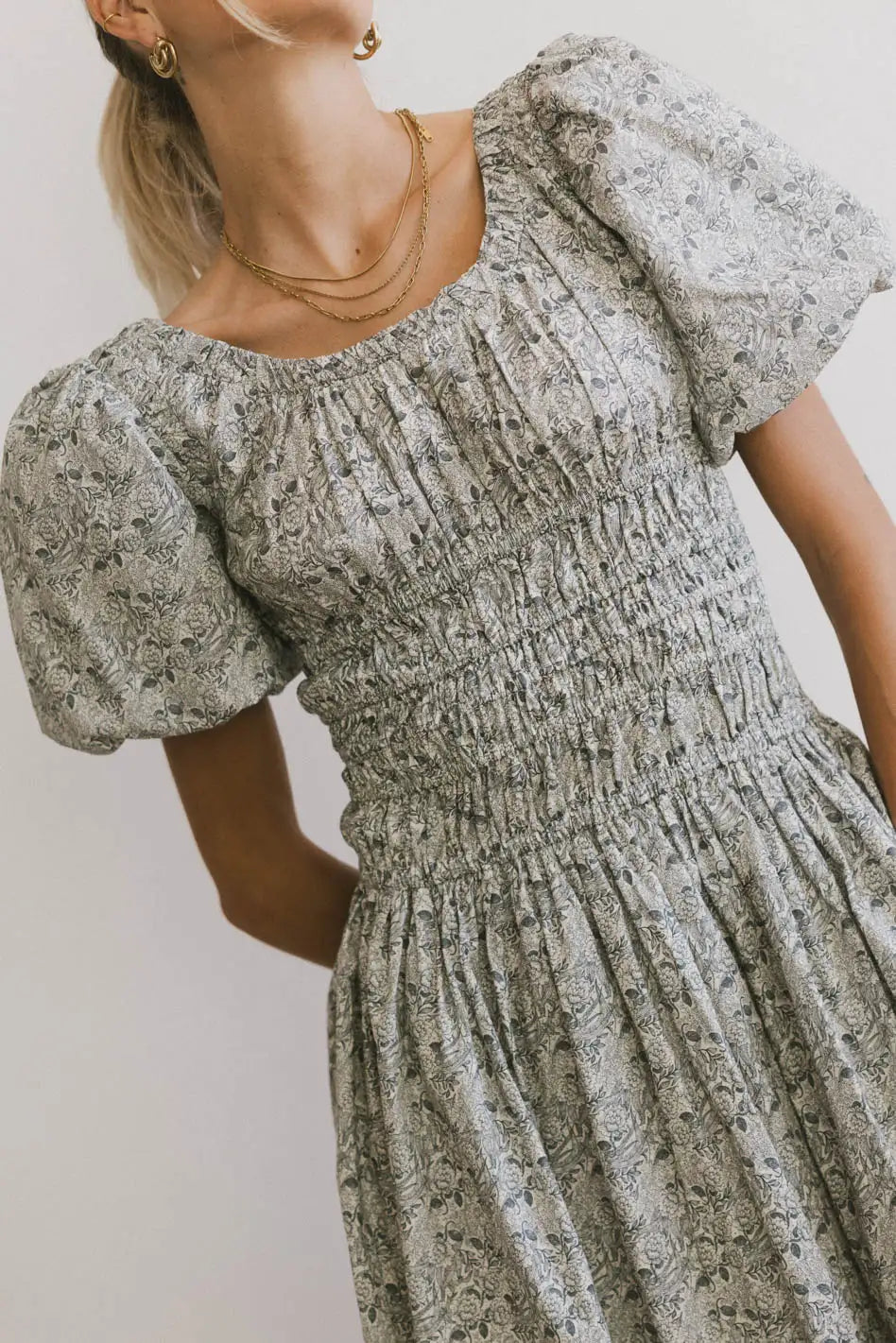 Smocked Floral Dress in Navy Y786