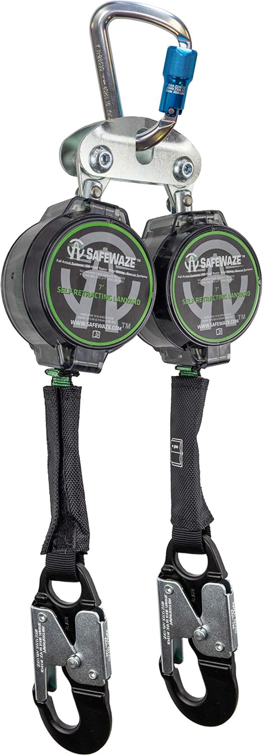 7 FT Dual Leg Web Retractable Lifeline with Aluminum Snap Hooks, Steel Carabiner F937084