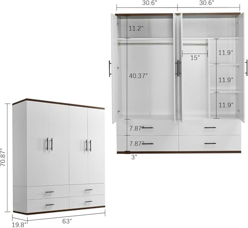 White 4 Door Wood Armoire Wardrobe with 2 Hanging Rods and 2 Drawers L71911