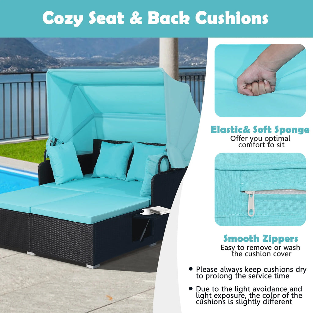Red Rattan Daybed with Canopy and Side Tables S1204