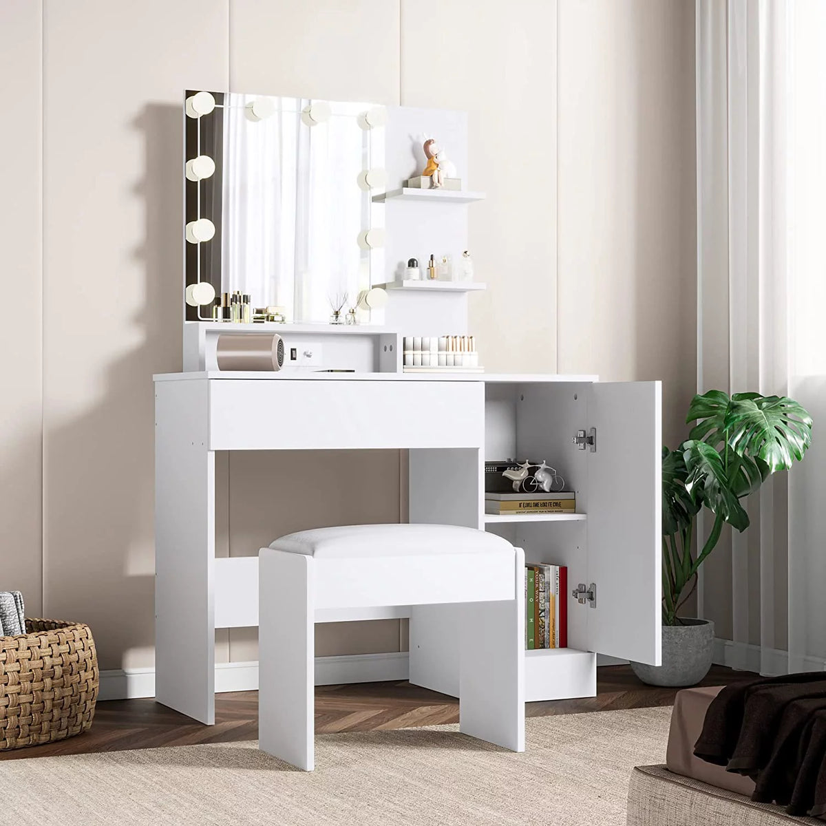 White Vanity Desk with Charging Station and Drawer C3241