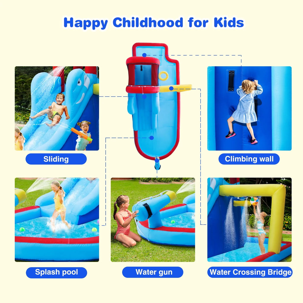 Kids Inflatable Water Slide Bouncer Playhouse Castle with Splash Pool, Climbing Wall, Basketball Hoop, Bag, Air Blower N915104