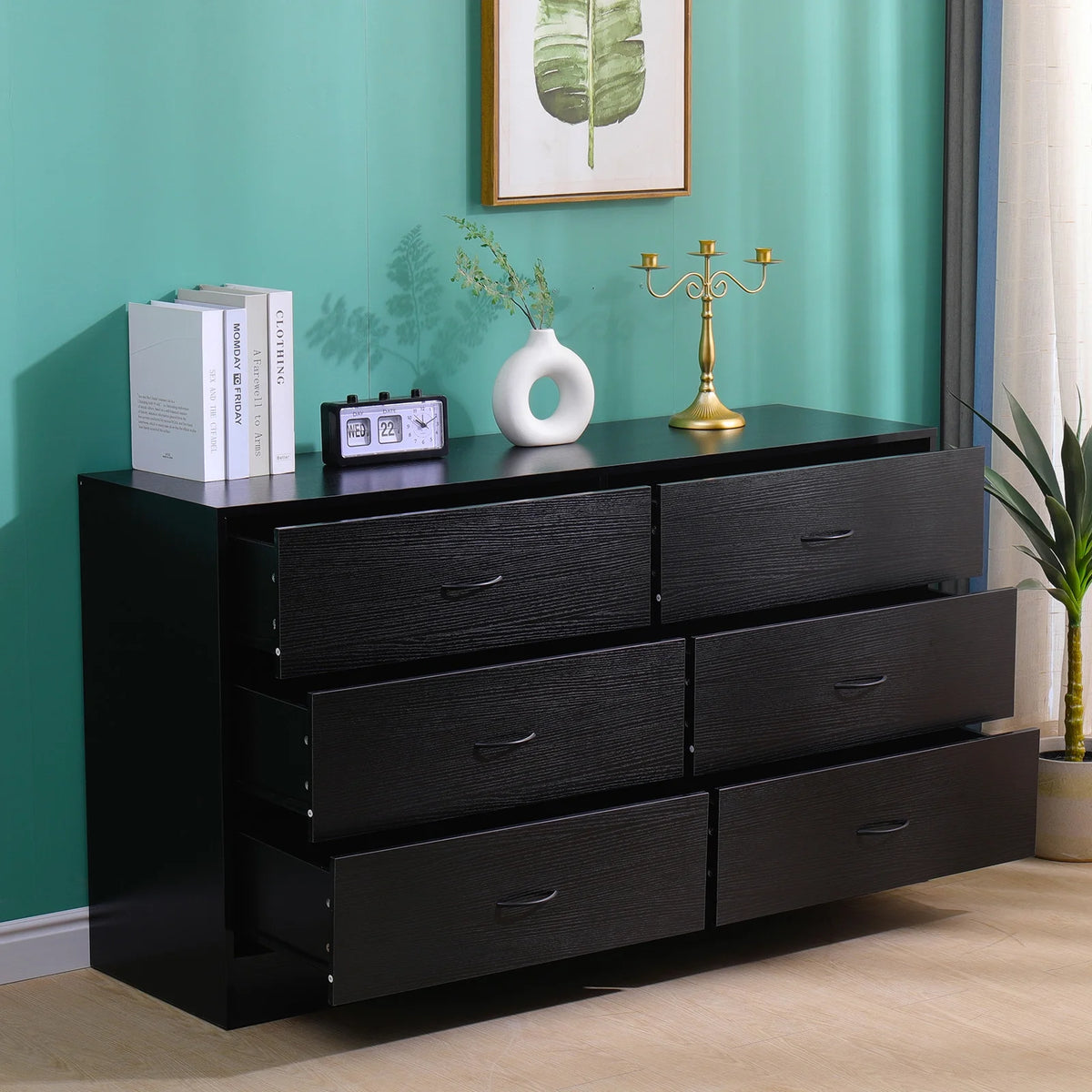 Black 6 Drawer Wood Dresser I48042