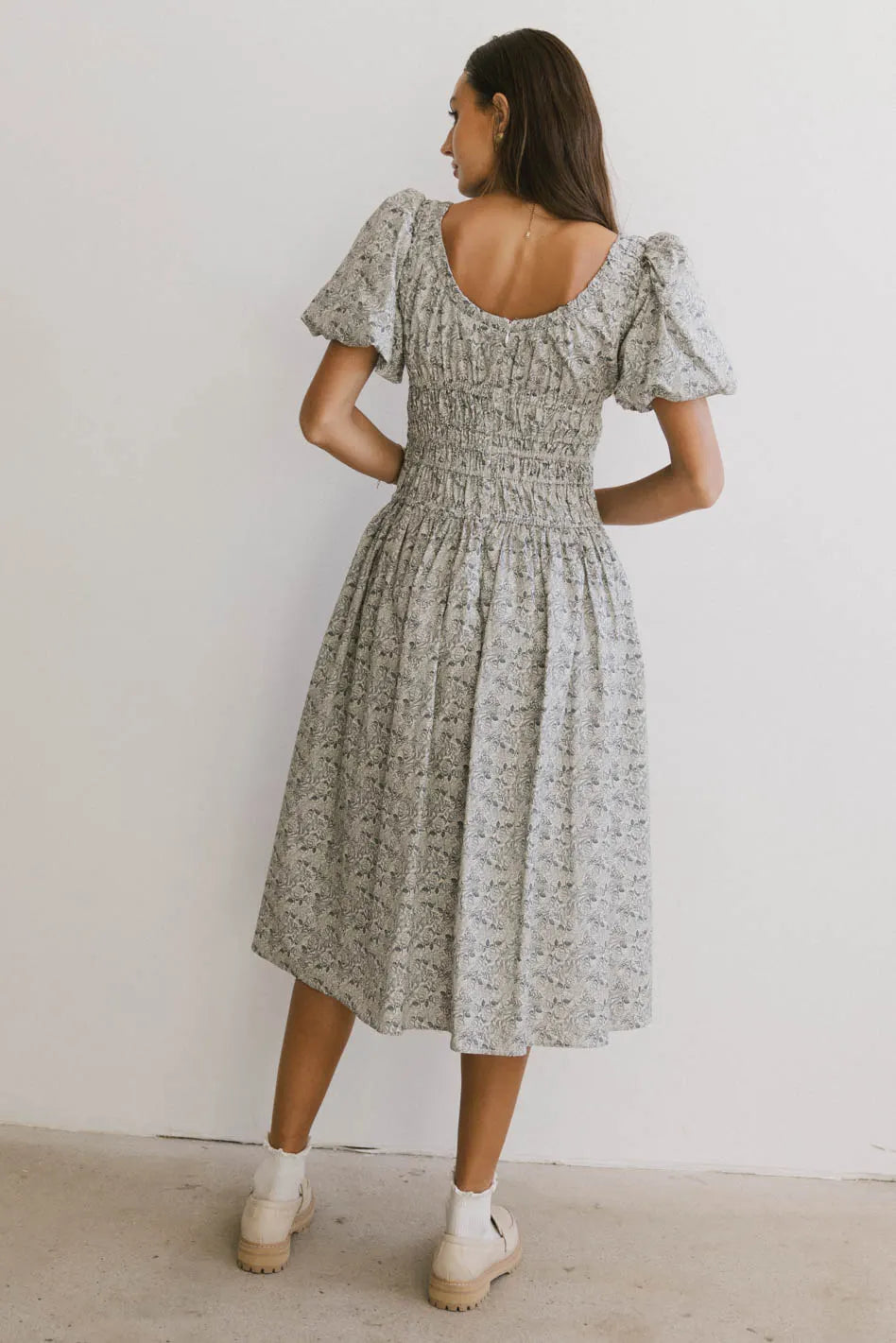 Smocked Floral Dress in Navy Y786