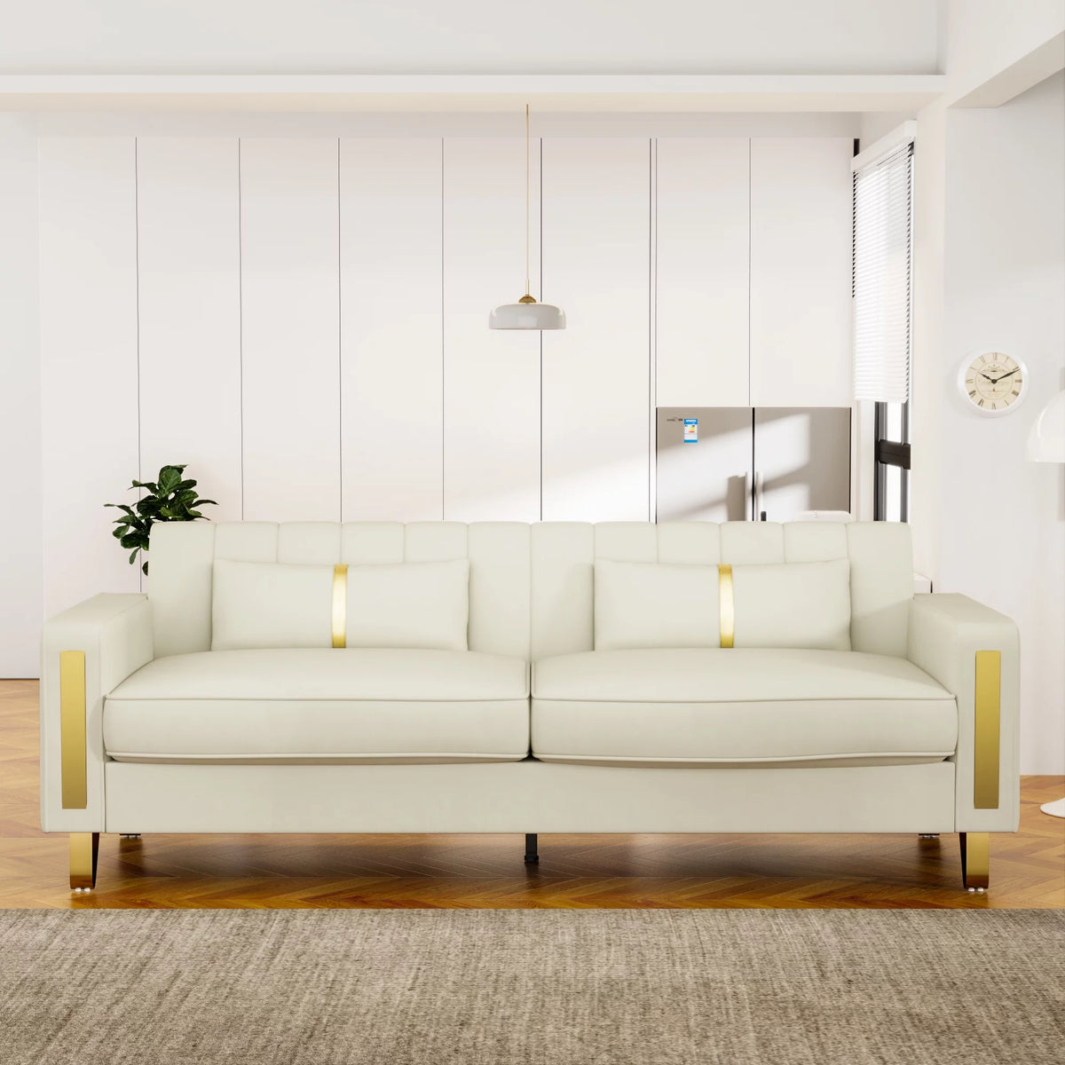 Velvet Upholstered Sofa with Pillows Gold Metal Legs T677