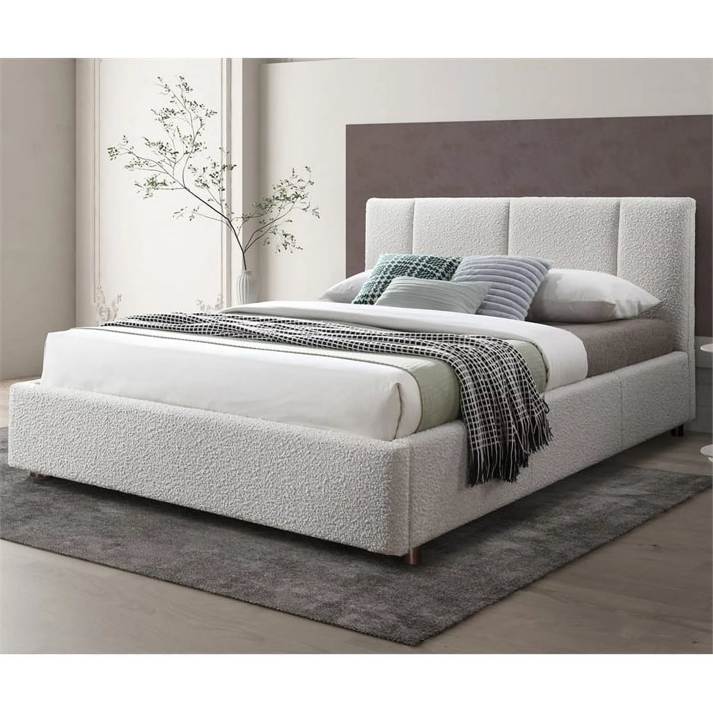 Queen Bed Cream Beige Boucle Fabric N874793