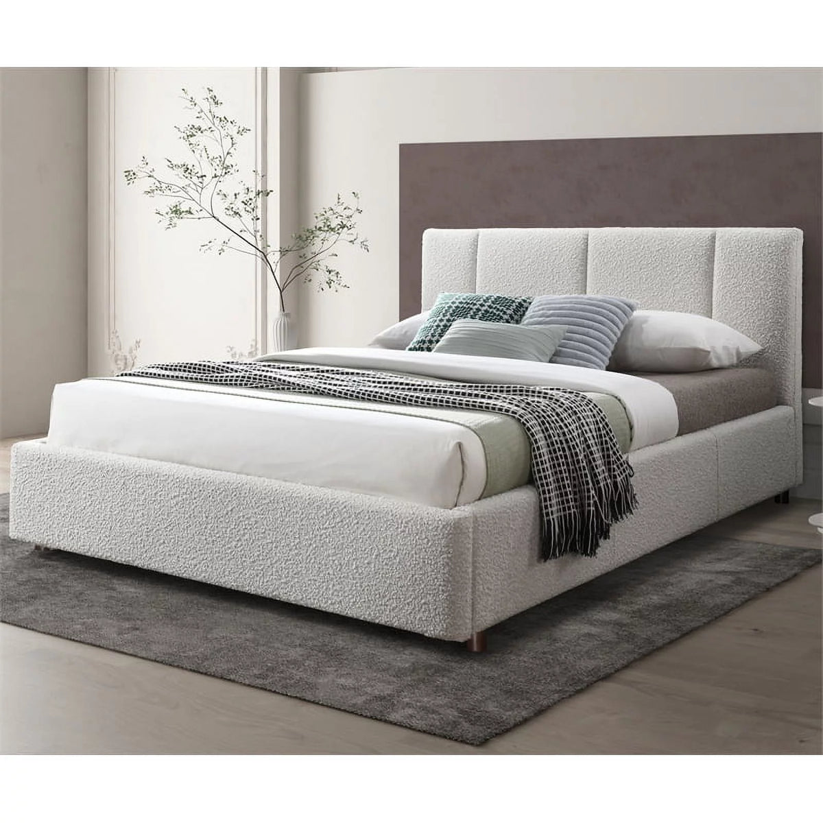 Queen Bed Cream Beige Boucle Fabric N874793