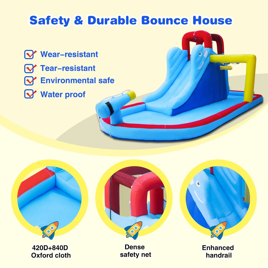 Kids Inflatable Water Slide Bouncer Playhouse Castle with Splash Pool, Climbing Wall, Basketball Hoop, Bag, Air Blower N915104