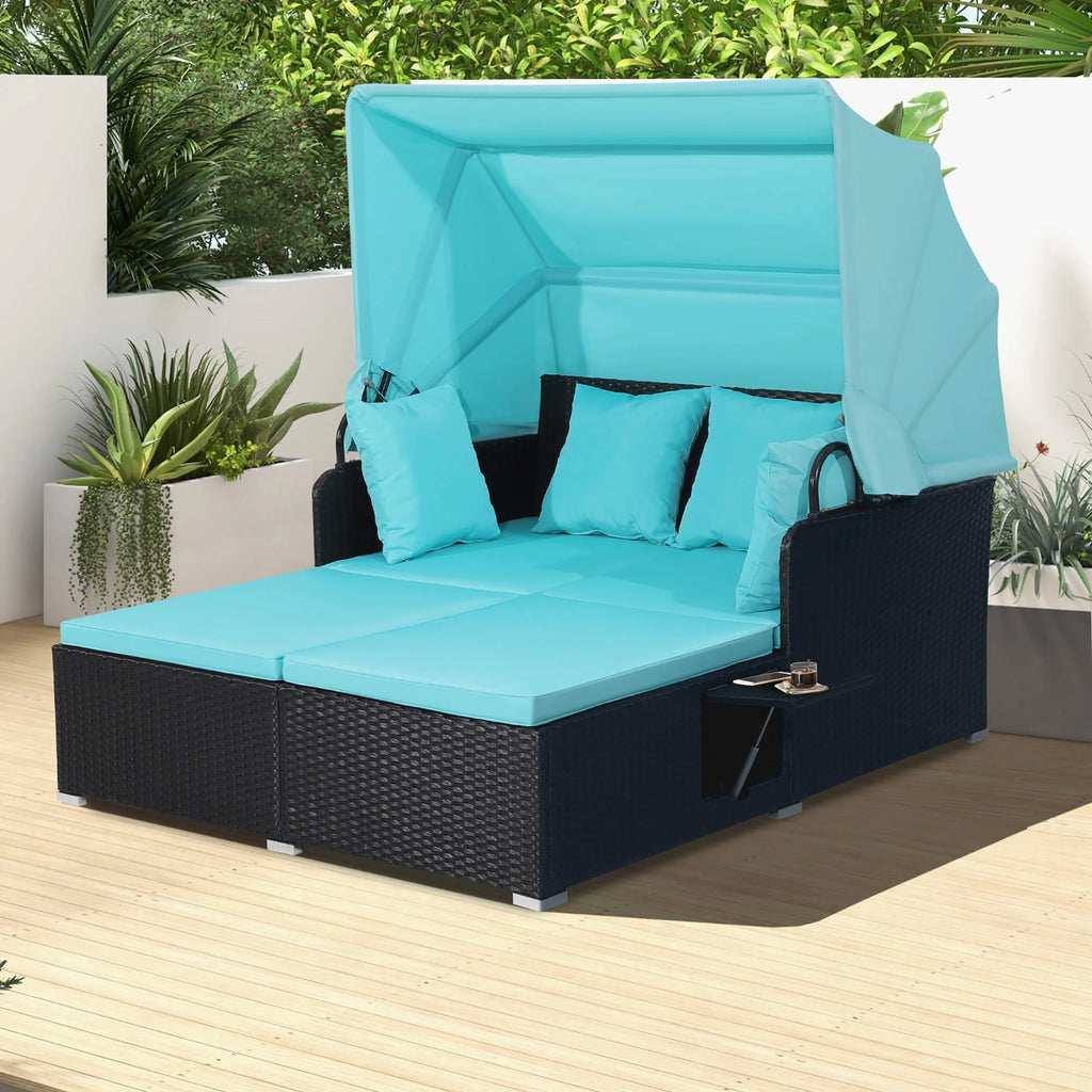 Red Rattan Daybed with Canopy and Side Tables S1204
