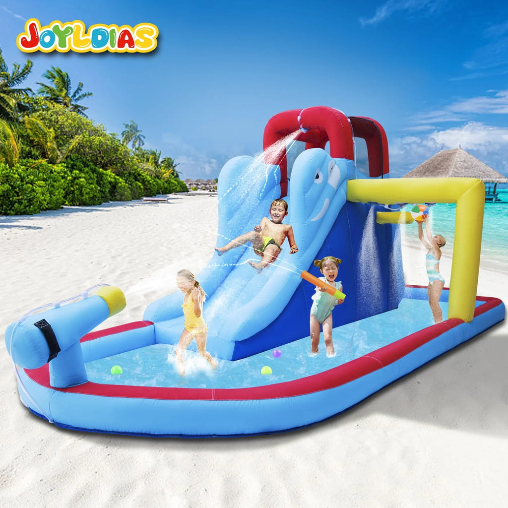Kids Inflatable Water Slide Bouncer Playhouse Castle with Splash Pool, Climbing Wall, Basketball Hoop, Bag, Air Blower N915104