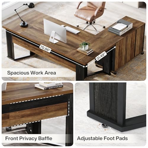 Brown and Black L Shaped Executive Desk with Mobile File Cabinet and 2 Drawers N223