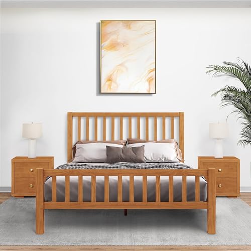 Queen Cherry Wooden Platform Bed with 2 Nightstands C730