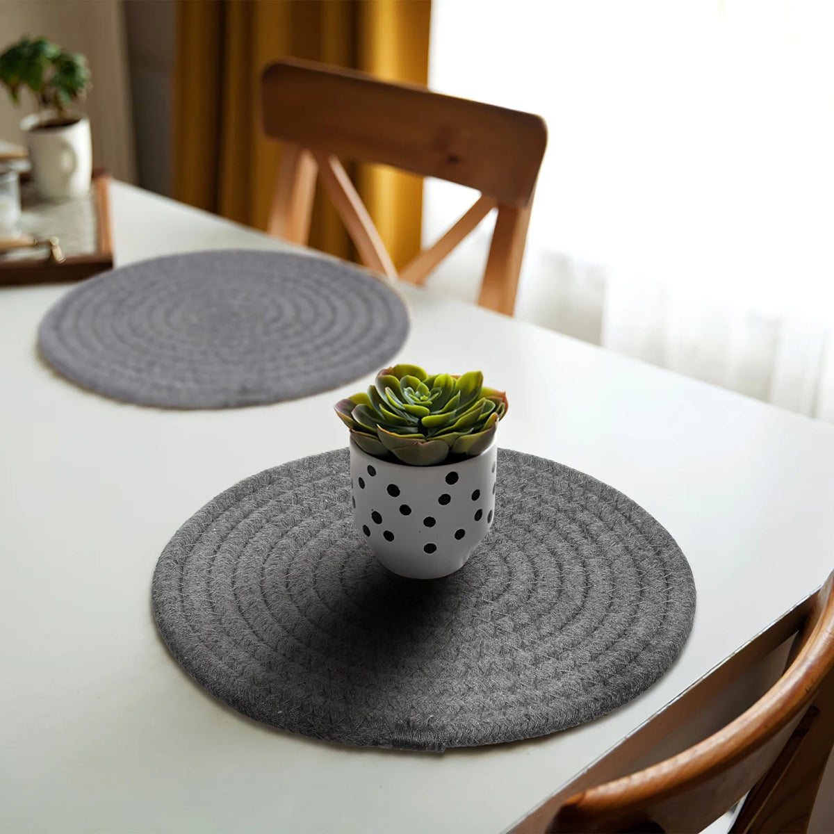 Dark Grey Cotton Rope Placemat Set Round Woven Coasters K657