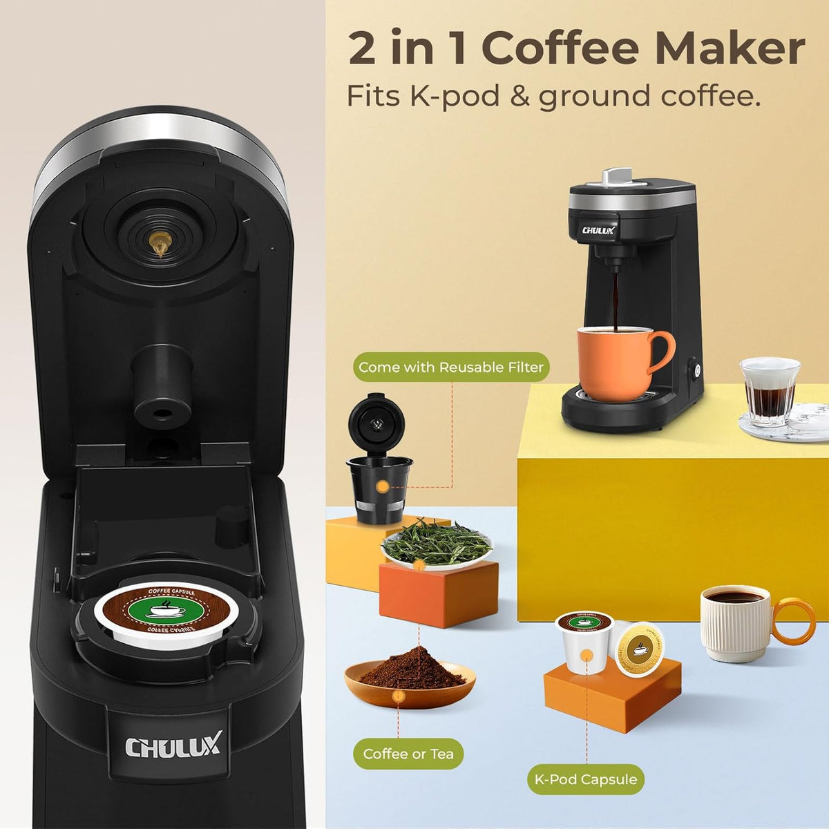 Mini 2 in 1 Single Serve Coffee Maker for K Cup & Ground Coffee T9429