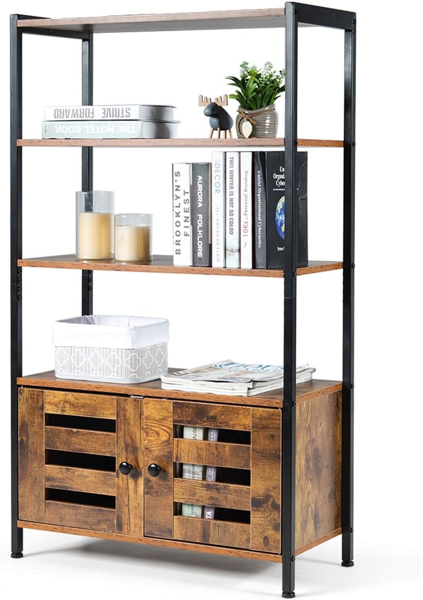 Industrial Bookshelf and Bookcase with 3 Shelves and 2 Louvered Doors, Rustic Brown N920