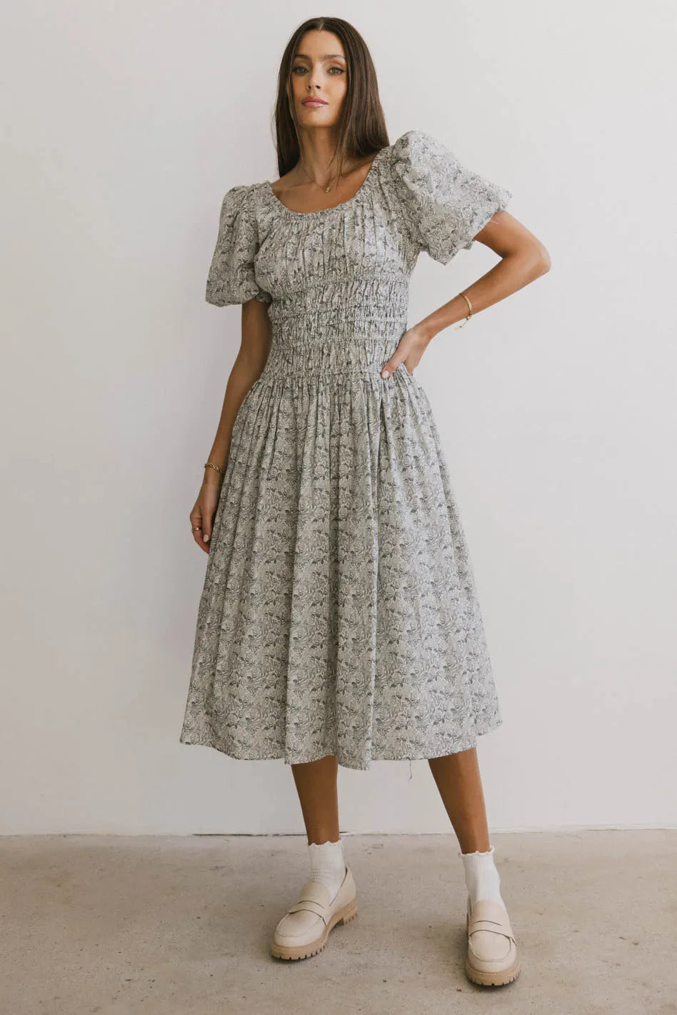 Smocked Floral Dress in Navy Y786