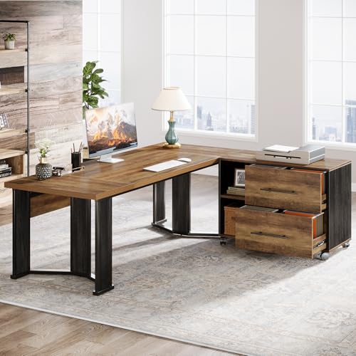Brown and Black L Shaped Executive Desk with Mobile File Cabinet and 2 Drawers N223