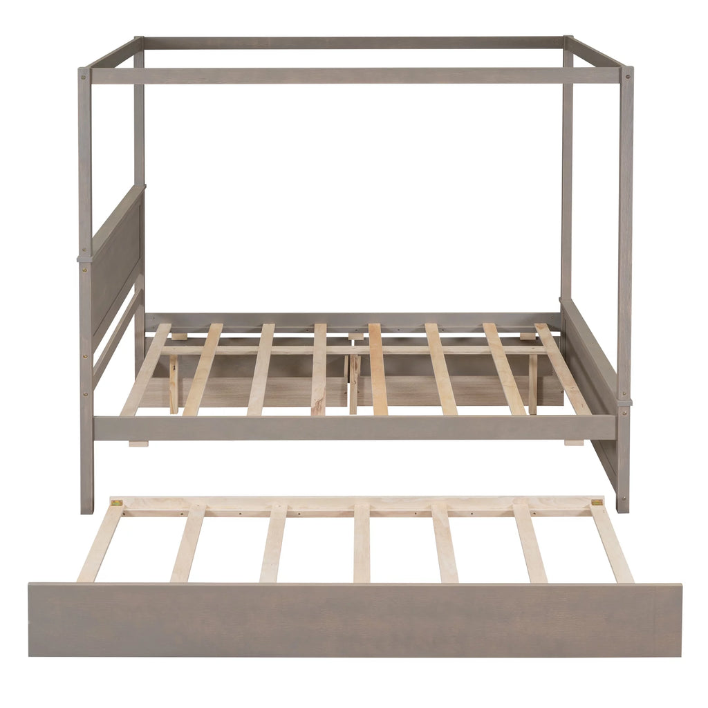 Light Brown Full Size Wood Canopy Platform Bed with 2 Drawers and Trundle Z4229