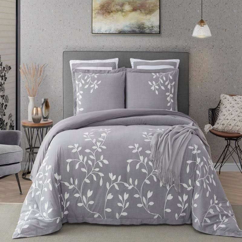 Queen Grey Chambray Cotton Comforter Set W98777