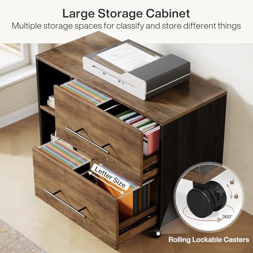 Brown and Black L Shaped Executive Desk with Mobile File Cabinet and 2 Drawers N223