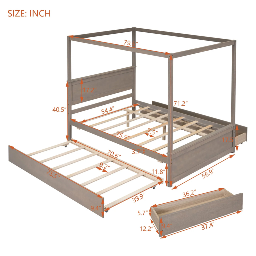 Light Brown Full Size Wood Canopy Platform Bed with 2 Drawers and Trundle Z4229