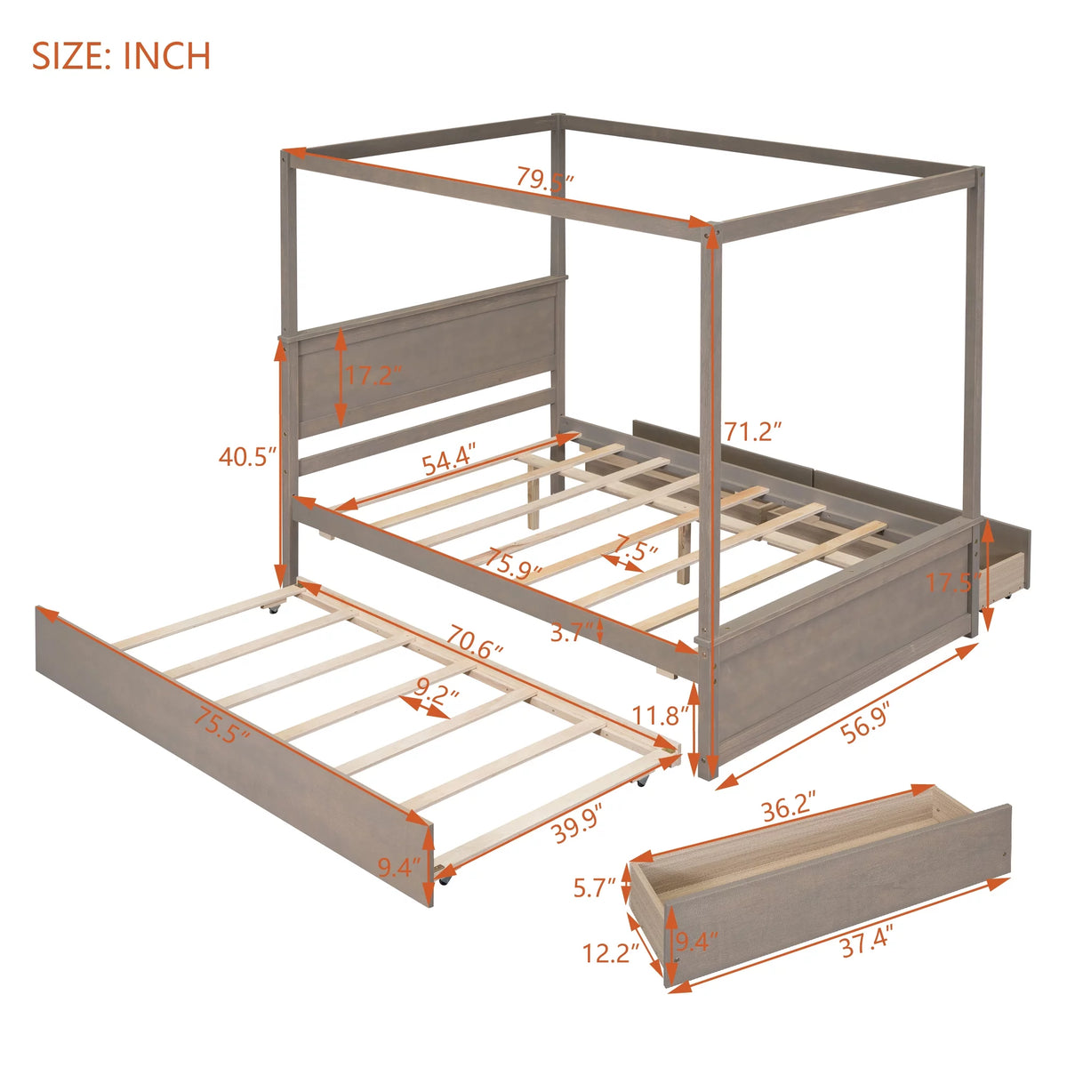 Light Brown Full Size Wood Canopy Platform Bed with 2 Drawers and Trundle Z4229