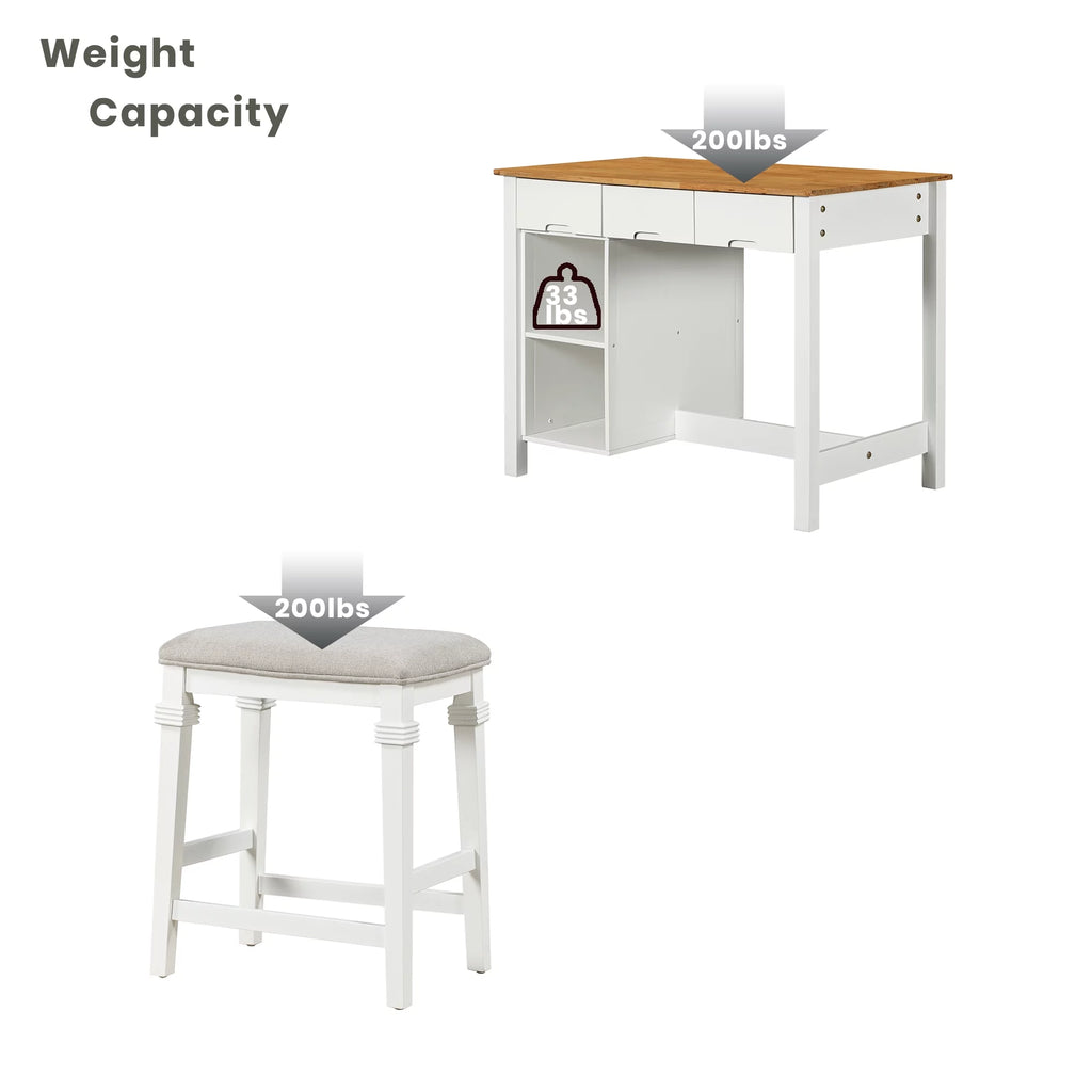 White 3-piece Rubber Wood Kitchen Island Set with 2 Shelves and 3 Drawers U16947