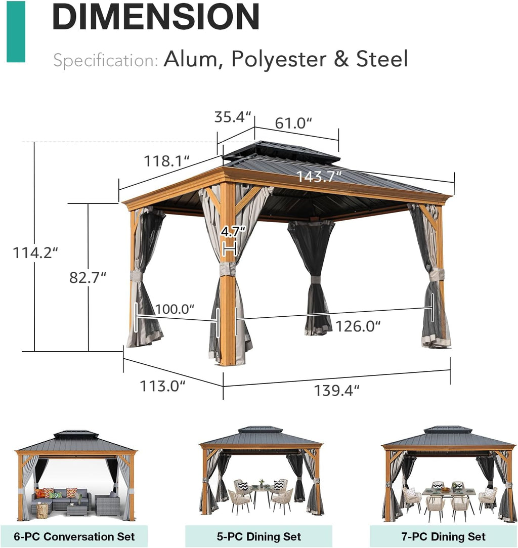 10’ x 12’ Hardtop Aluminum Gazebo with Galvanized Steel Roof Canopy and Netting (Grey) C711475
