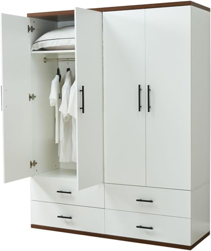White 4 Door Wood Armoire Wardrobe with 2 Hanging Rods and 2 Drawers L71911