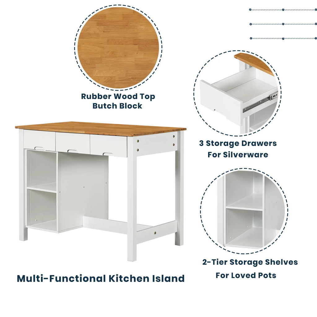 White 3-piece Rubber Wood Kitchen Island Set with 2 Shelves and 3 Drawers U16947
