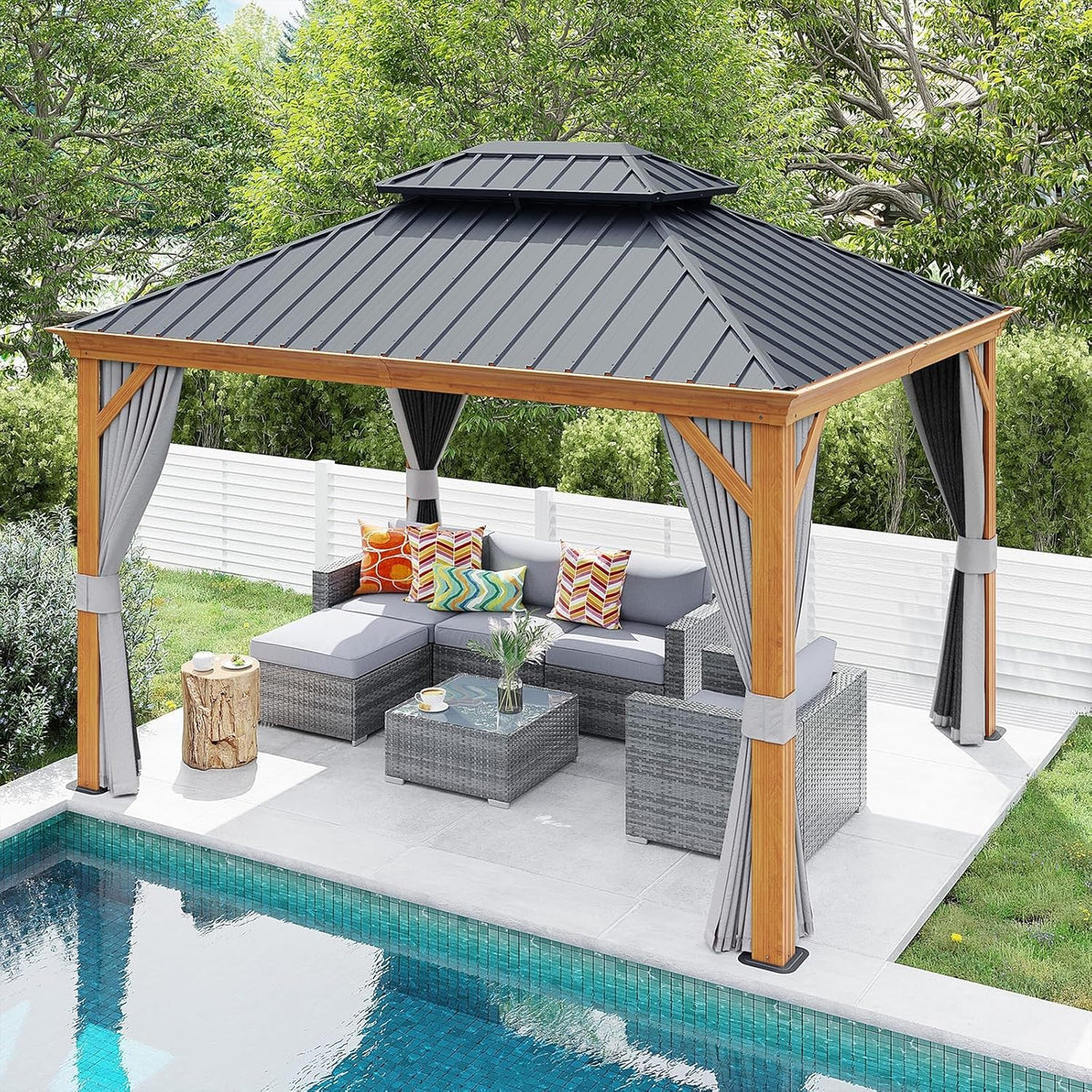 10’ x 12’ Hardtop Aluminum Gazebo with Galvanized Steel Roof Canopy and Netting (Grey) C711475