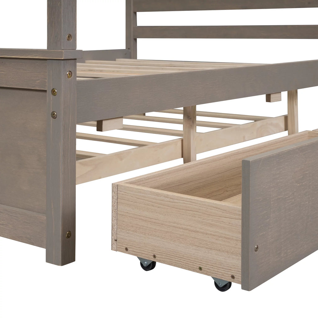 Light Brown Full Size Wood Canopy Platform Bed with 2 Drawers and Trundle Z4229