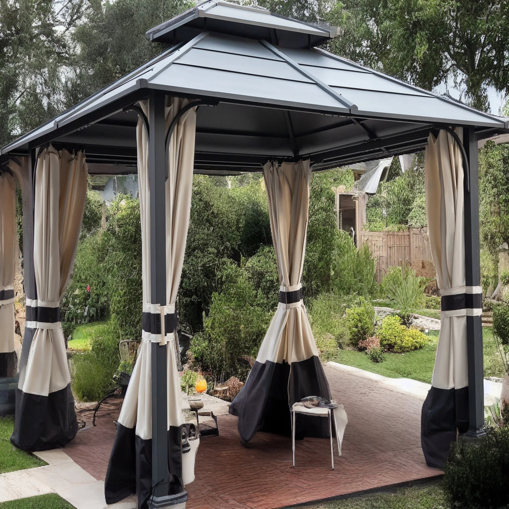 10x12ft Galvanized Steel Hard Top Outdoor Gazebo with Netting and Curtains B2703